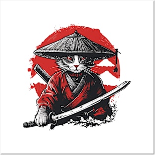 Retro Samurai Cat Katana Sunset Ninja Cat Warrior Cat Japanese Art Posters and Art